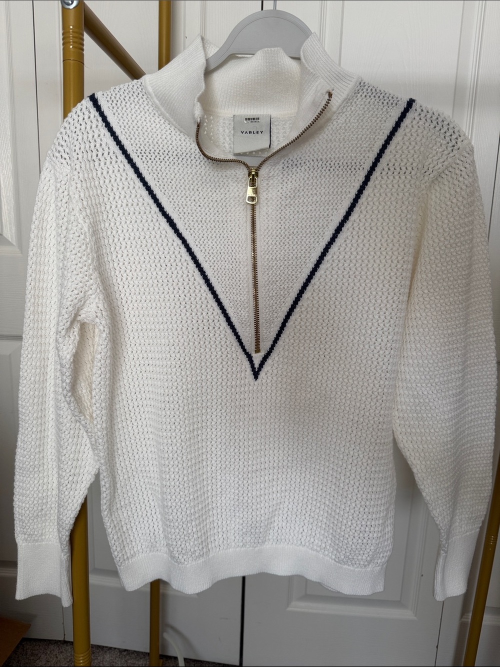 Varley White Knit Half-Zip Sweater with Navy V-Trim